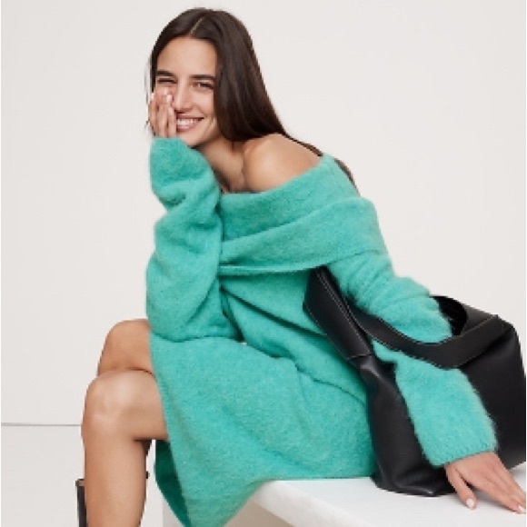 NWT Banana Republic oversized fuzzy alpaca blend Aqua Funnel Neck Sweater Dress - Picture 6 of 7